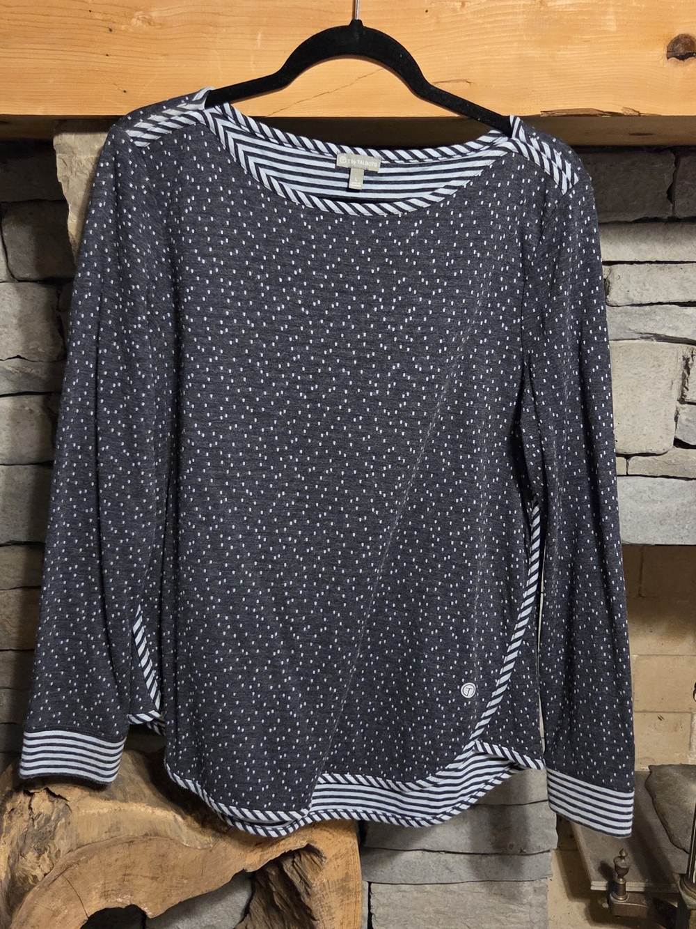 Talbots Charcoal and White Dot Long-Sleeve Top with Striped Trim